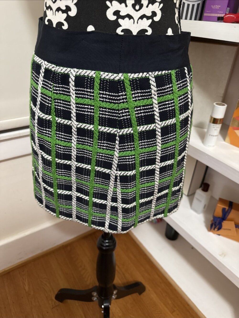 An Original Milly New York Navy Green White Plaid Skirt Contrast Waist Lined 2
